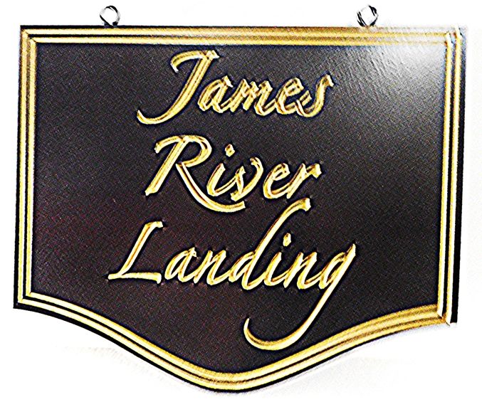 M22441 - Elegant "James River Landing"   2.5-D Engraved HDU Property Name  Address Sign, with Text and Borders Gilded with 24K Gold Leaf 