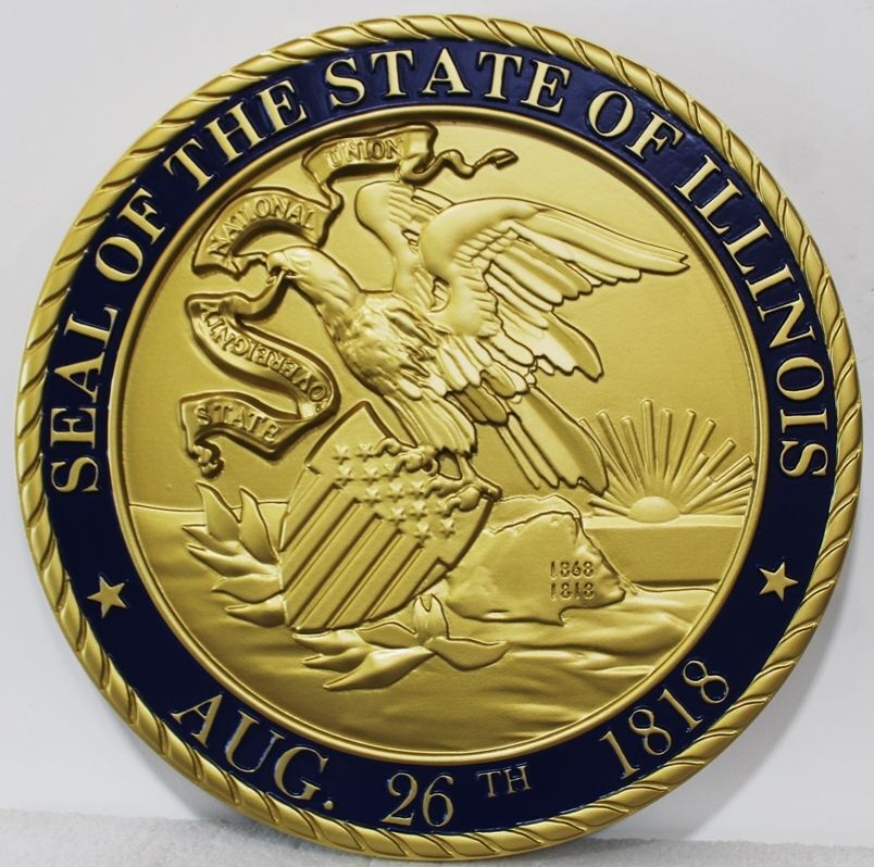 BP-1212 - Carved 3-D Brass-Painted Plaque of the  Seal of the State of Illinois