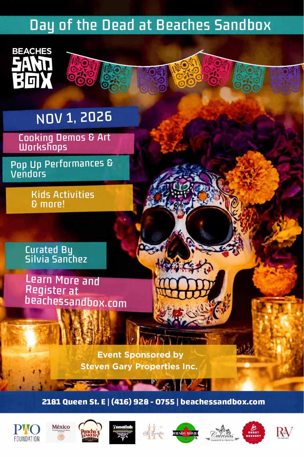 Day of the Dead at Beaches Sandbox flyer: colourful November 1 celebration poster featuring workshops, performances and children’s activities.
