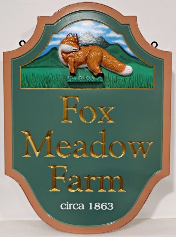 O24642 - Carved 2.5-D Multi-level HDU Sign for "Fox Meadow Farm"