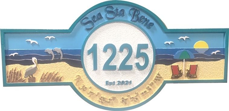 L21031 - Carved Beach House Sign, "Sea Sta Bene” , with Two  Beach Chairs,  a Pelican and Leaping Dolphins