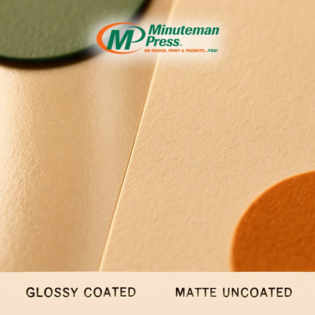 Close-up macro of two paper samples side by side, one glossy coated, one matte uncoated, under warm studio lighting with Minuteman green and orange accent props,