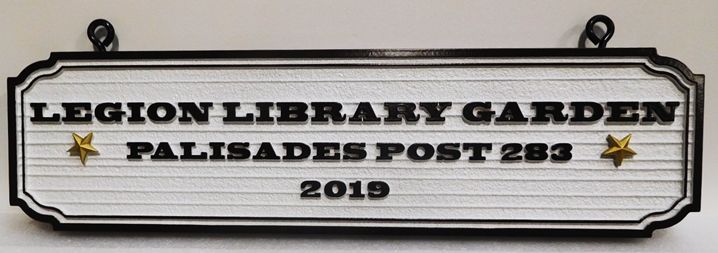 GA16555A - Carved High-Density-Urethane (HDU) "Legion Library Garden" Hanging Sign Donated by American Legion Palisades Post 283