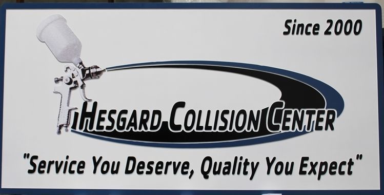S28231-  Carved 2.5-D Raised Relief HDU HDU Sign for the Hesguard Collision Center, with its  Logo, a Paint Spray Gun as Artwork
