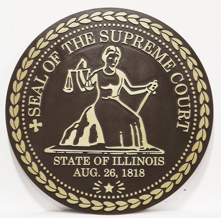 GP-1095 - Carved 2.5-D Raised Relief Brass-Plated HDU Plaque of the Seal of the Supreme Court of the State of Illinois