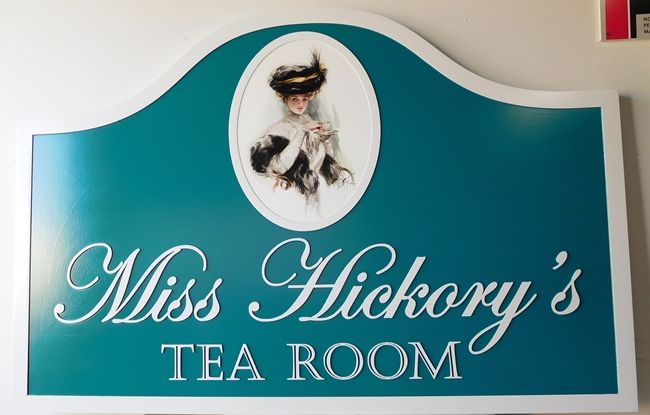 S28023 -  Carved 2.5-D HDU Sign, "Miss Hickory's Tea Room", with  a Vinyl Printed Image of a Painting of Miss Hickory