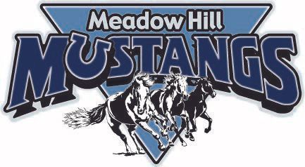 Blue graphic featuring horses that says "Meadow Hill Mustangs"