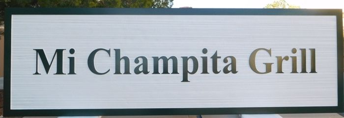 Q25746 - Carved and Sandblasted Wood Grain Sign  "Mi Champita Grill" with 2.5-D Raised Text 