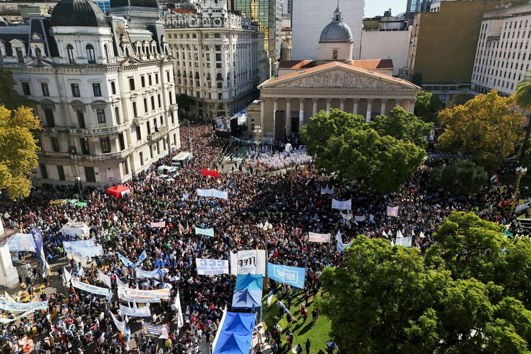 A drone view shows people gathered outside the Buenos Aires Metropolitan Cathedral in Argentina April 26, 2025, for a memorial Mass for Pope Francis, formerly Argentine Cardinal Jorge Mario Bergoglio, who died April 21 at age 88. (OSV News photo/Stringer