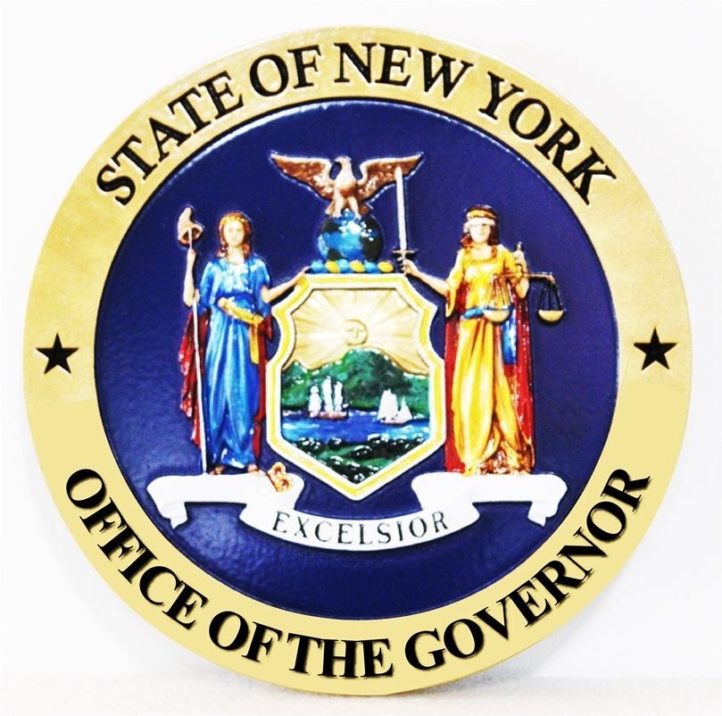 BP-1434- Carved 3-D Bas-Relief Plaque of the Great Seal of the State of New York, Governor's Office, Artist Painted