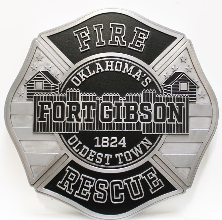 QP-1099 - Carved 2.5-D Multi-Level Relief Aluminum-Plated  Plaque of the Badge of the Fire & Rescue Department, Fort Gibson, Oklahoma