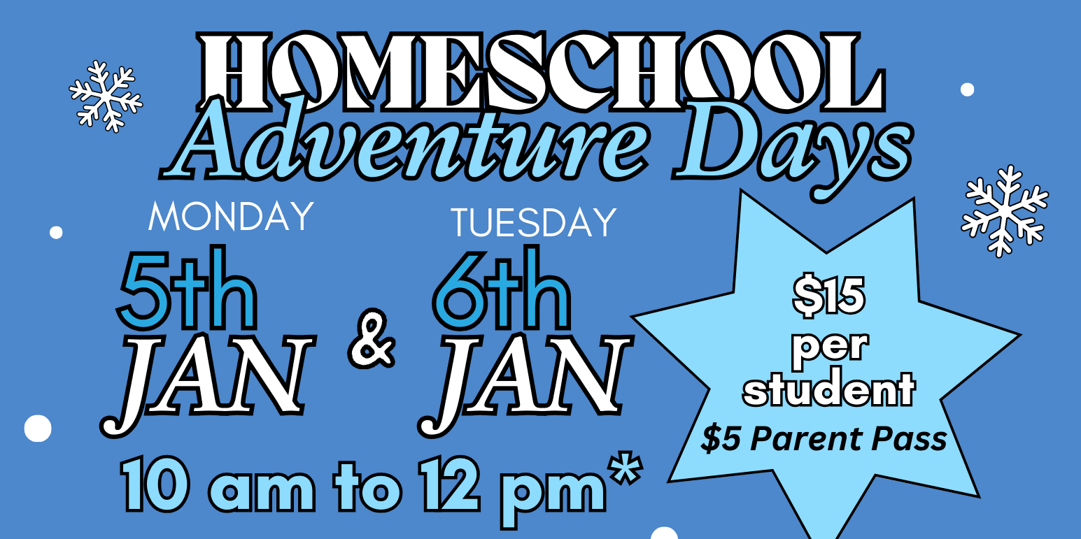 Blue flier for Homeschool Adventure Days STEM Experiences for K - 8th grade and early learning.
