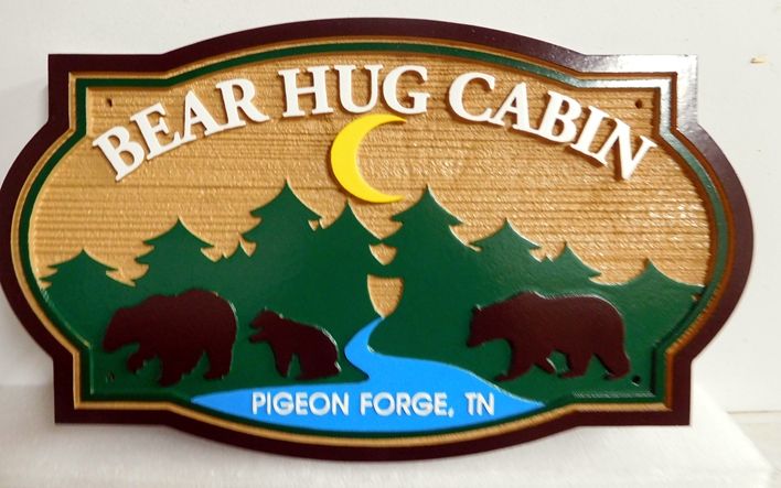 M22891 - Carved and Sandblasted "Bear Hug Cabin", with Three Bears, a Forest, and River