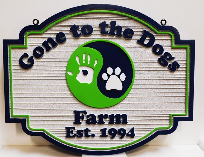 O24515 - Carved and Sandblasted 2.5-D  Farm Name Sign "Gone to the Dogs" with Dog's Pawprint Engraved in Ying-Yang Symbol