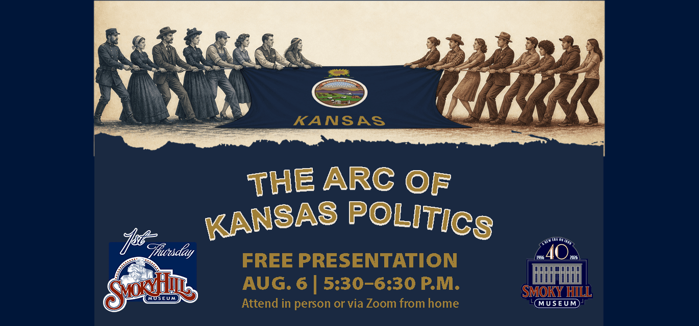 Two groups of people play tug of war with the Kansas Flag. The title and information for the program is below.