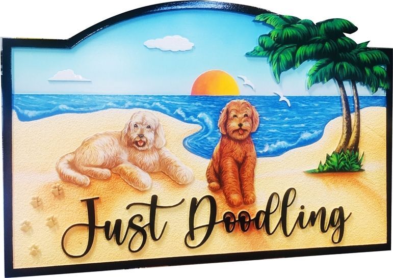 L21090 - Carved Beach House Sign, "Just Doodling” , features Two Dogs on a Beach and the  Setting Sun