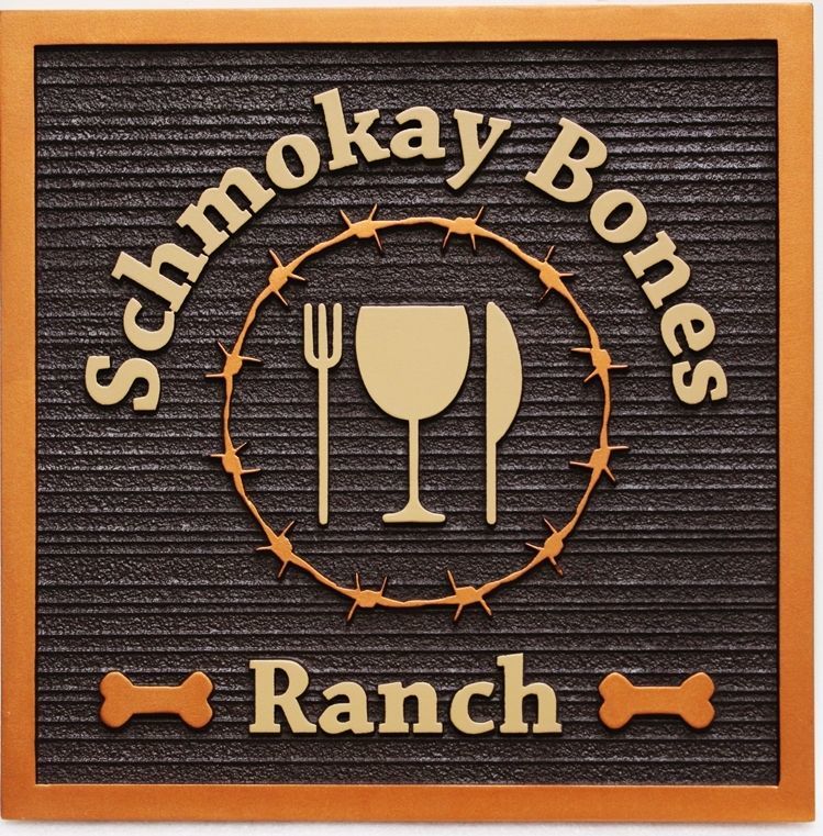 O24733 - Carved and Sandblasted Wood Grain  HDU Entrance Sign for the  "Schmokay Bones Ranch"., with Fork, Knife and Wine Glass as Artwork 