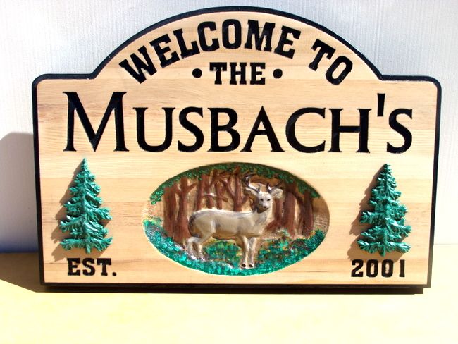 M3222 - Cedar Address Sign with Carved 3-D Deer and Trees (Gallery 21)