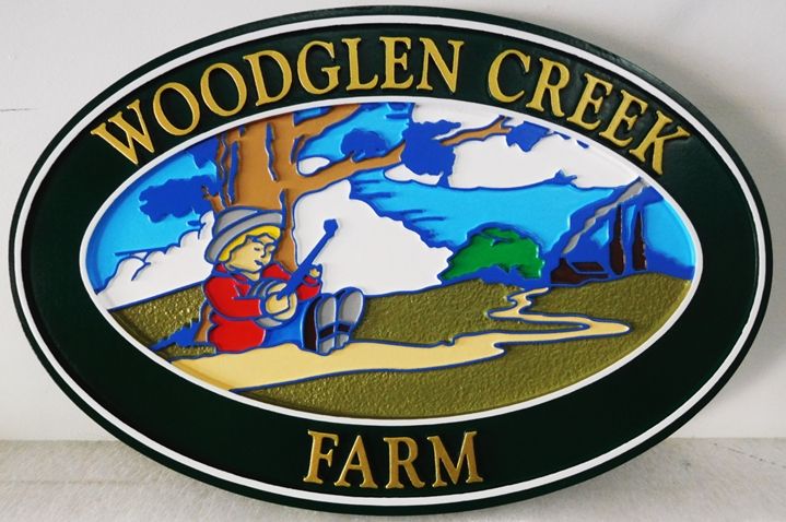 Q24853 - Carved Entrance Sign for "Woodglen Creek" Farm, with a Country Scene with a Boy Playing a Banjo under a Tree, as Artwork.