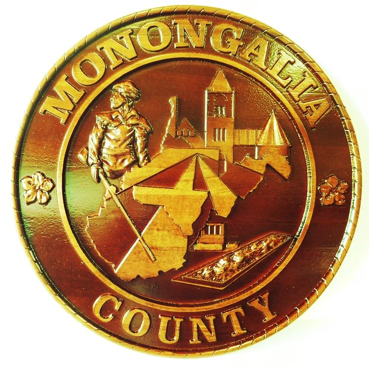 CP-1340- Carved Plaque of the Seal of Monongalia County, West Virginia, Mahogany Wood