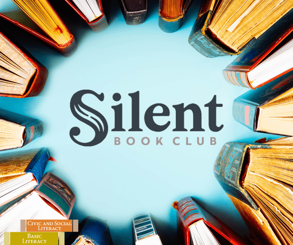 The words "Silent Book Club" surrounded by books.