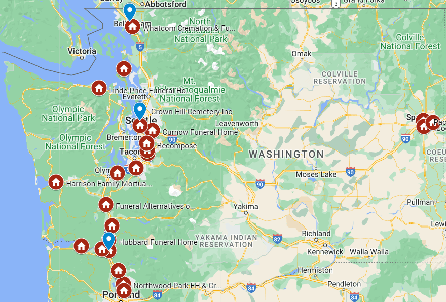 Map of WA with contracted funeral home locations marked