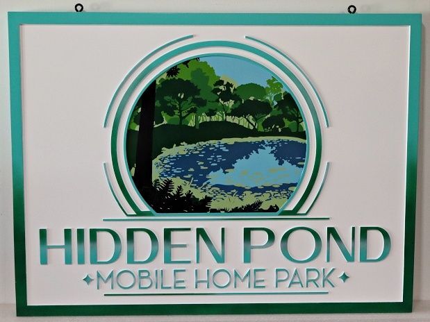 K20134A - Carved and Sandblasted HDU Sign for "Hidden Pond Mobile Home Park" with Artwork