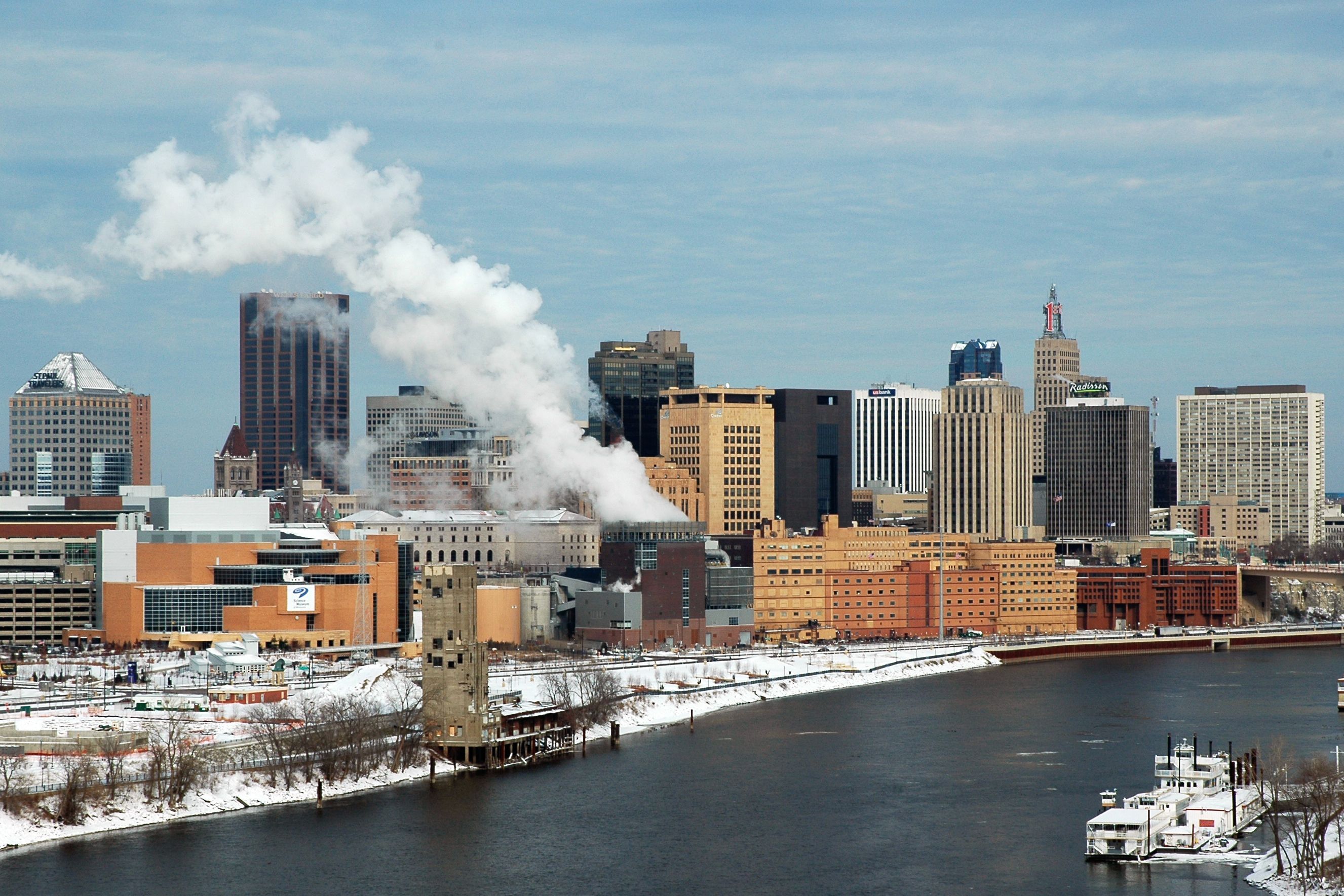 The image is of the Saint Paul, Minnesota skyline while the sun is shining