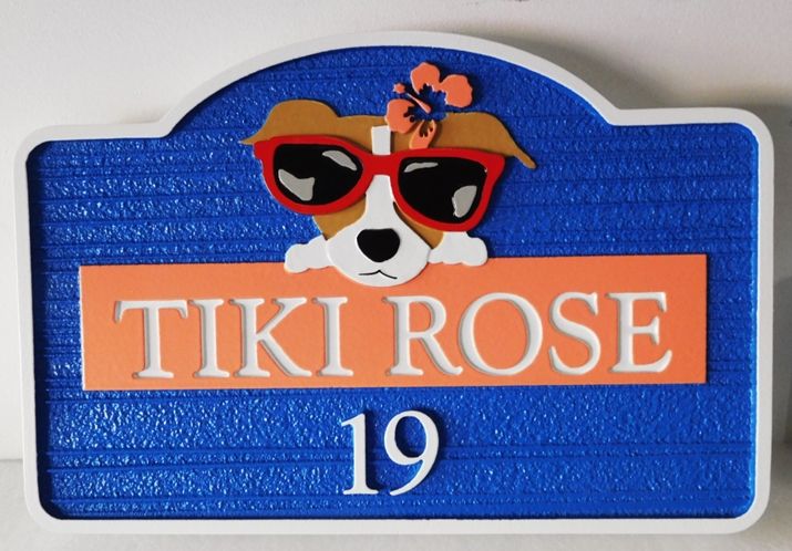 I18604 - Carved High-Density-Urethane (HDU)  \Property Name Sign "Tiki Rose",  with Cute Dog witrh Sunglasses Peering Over Name Plaque