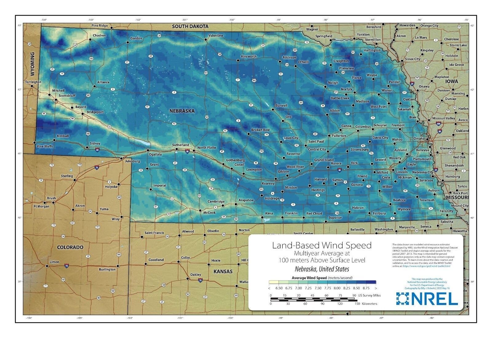 Map of Nebraska created by the National Renewable Energy Laboratory (NREL) depicting wind speeds at 100 meters above ground across the state
