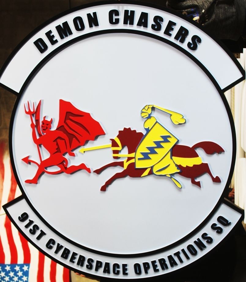 LP-4297 - Carved 2.5-D Multi-Level Plaque of the Crest of the 91st Cyberspace Operations Squadron , "Demon Chasers"