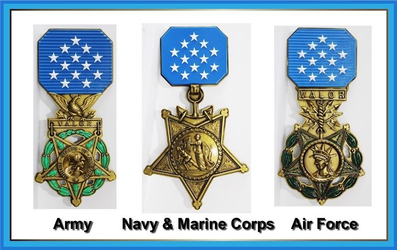 IP-13340- Carved 3-D Bas-Relief Artist Painted Plaques of the Army, Navy, and Air Force Medals of Honor 