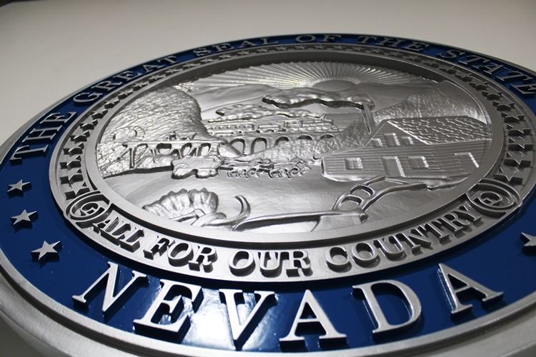 BP-1328- Carved 3-D Bas-Relief Aluminum-Plated HDU Plaque of the Great Seal of the State of Nevada (Side View)