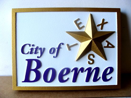 X33026 - Carved 3-D Wall Plaque of the Logo of the City of Boerne, Texas 
