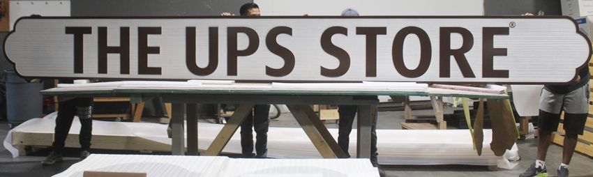 S28267- Carved 2.5-D Multi-Level and Sandblasted Wood Grain HDU  Sign for "The UPS Store"