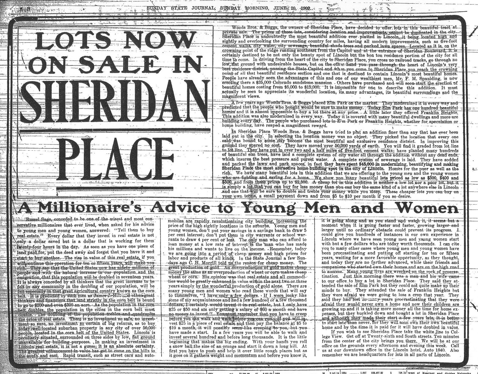 1909 Sunday State Journal Advertisement about Sheridan Boulevard Lots