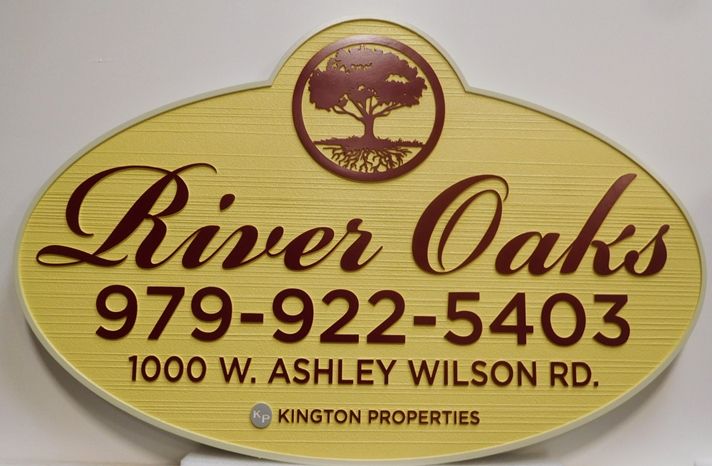 K20347 - Carved HDU Entrance Sign for  the "River Oaks " Apartments,  with Wood Grain Sandblasted Background