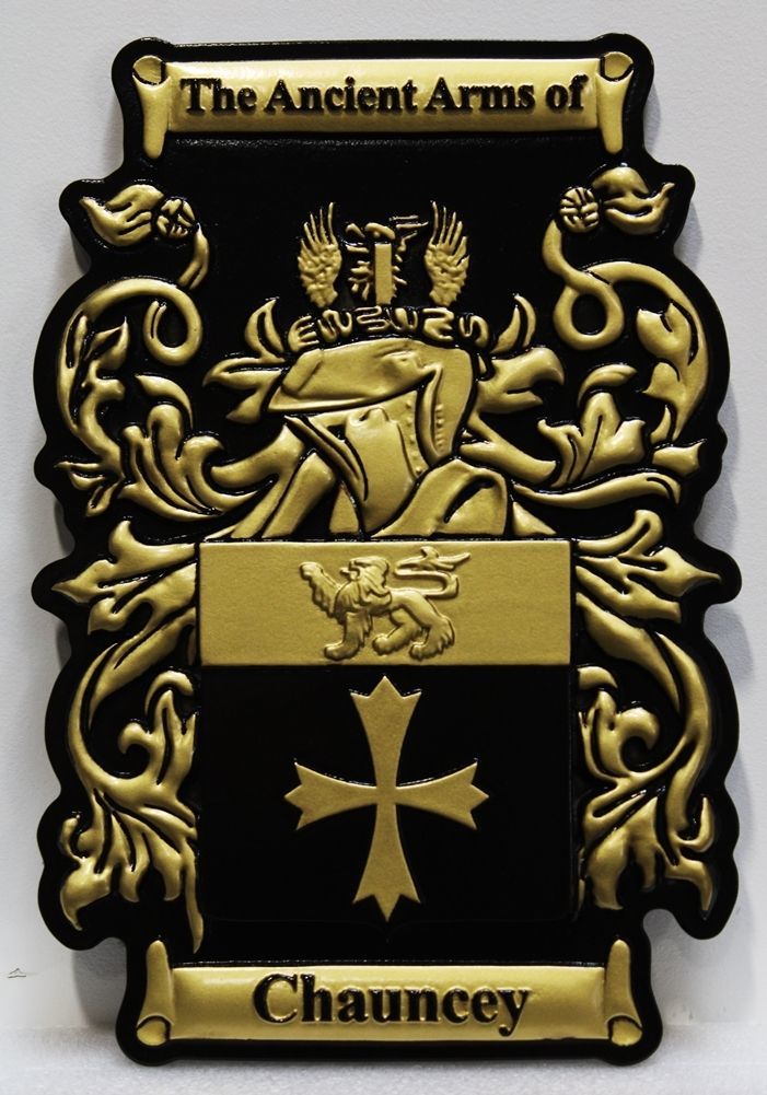 XP-1185 - Carved 3-D HDU Coat-of-Arms of the Chauncey Family with  a Helmet and Maltese Cross