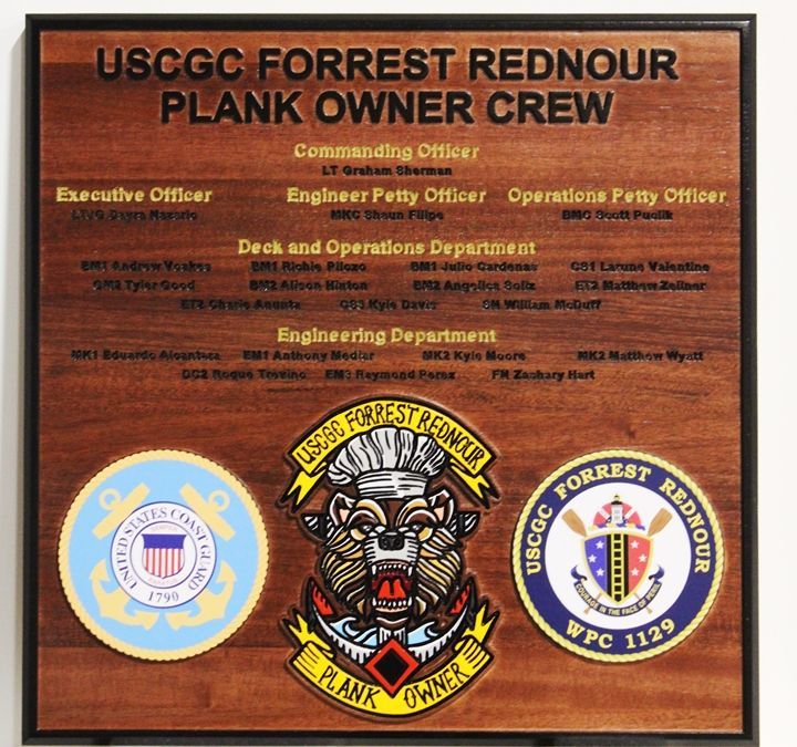 SA1130 - Plank Owner Crew Plaque for the US Coast Guard Cutter Forrest Rednour,  Carved from African Mahogany