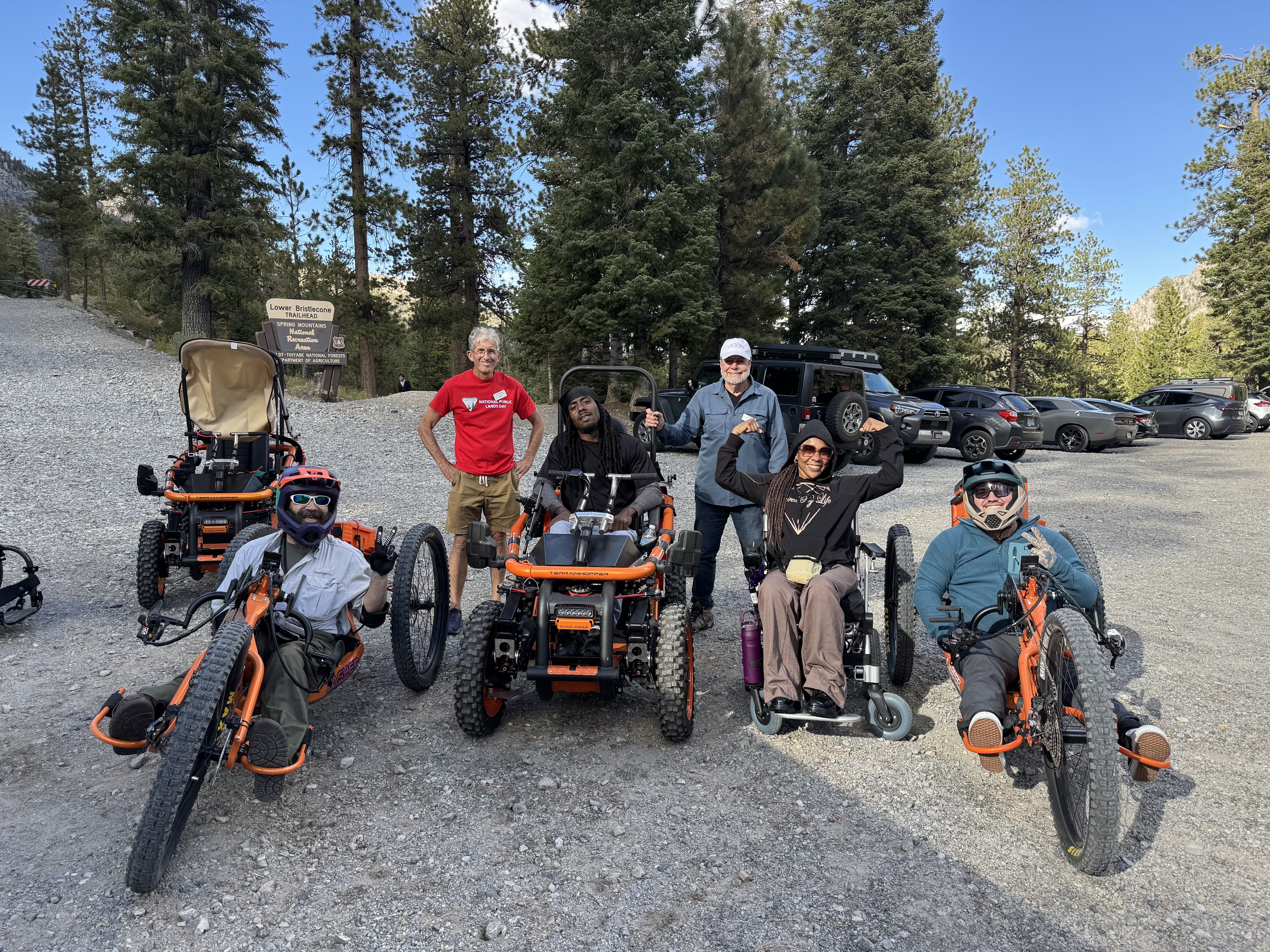Group hiking with one TerrainHopper user and two handcycle users