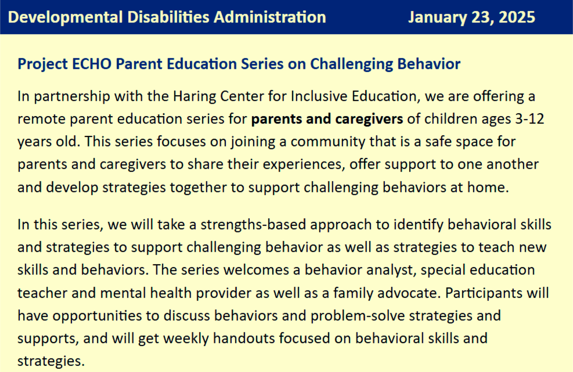 Project ECHO Parent Education Series on Challenging Behavior