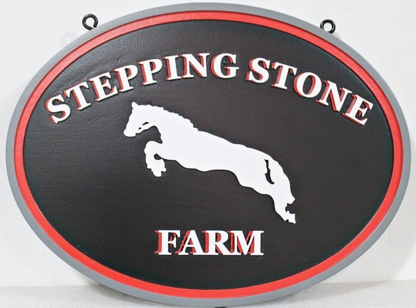 O24067 - Carved High-Density-Urethane (HDU) Hanging Entrance Sign for "Stepping Stone Farm"