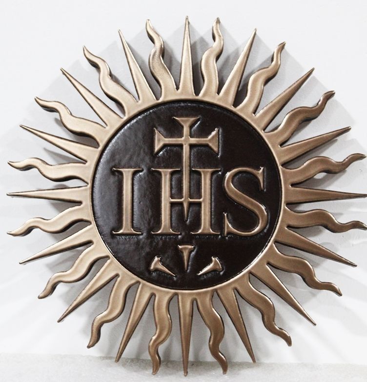 TP-1313 - Carved 2.5-D Multi-Level Relief Bronze-Plated HDU Plaque of the  Seal of IHS ("Jesus"), Used for Catholic Schools