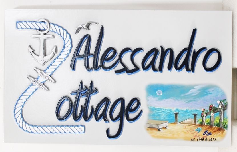 L21040A - Carved Coastal Home Sign, "Alessandro Cottage” , features a a Ships Rope and Anchor and a Beach Scene 