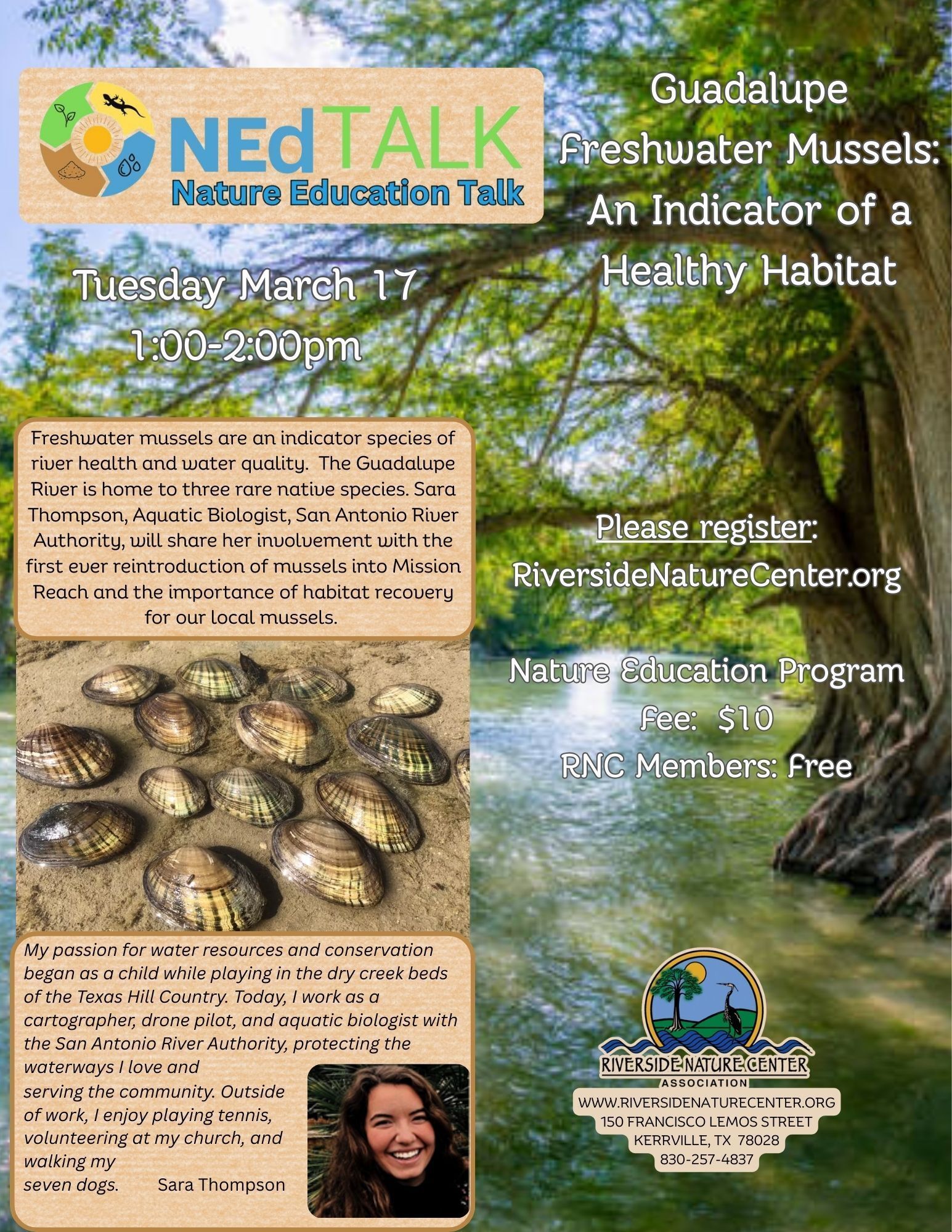 NEd Talk, Nature Education Talk ,Guadalupe Freshwater Mussels: An Indicator of a Healthy Habitat, Aquatic Biologist, San Antonio River, Nature Lover, Sara Thompson, Riverside Nature Center, things to do in kerrville, nature tips