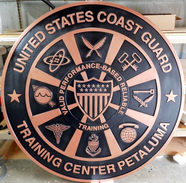 NP-2020 - Carved Plaque of Seal of US Coast Guard Training Center in Petaluma, CA,  Copper Plated