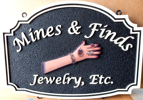 SA28050 - Sign for "Mines and Finds Jewelry, Inc." with a 3-D  Woman's Hand with Rings