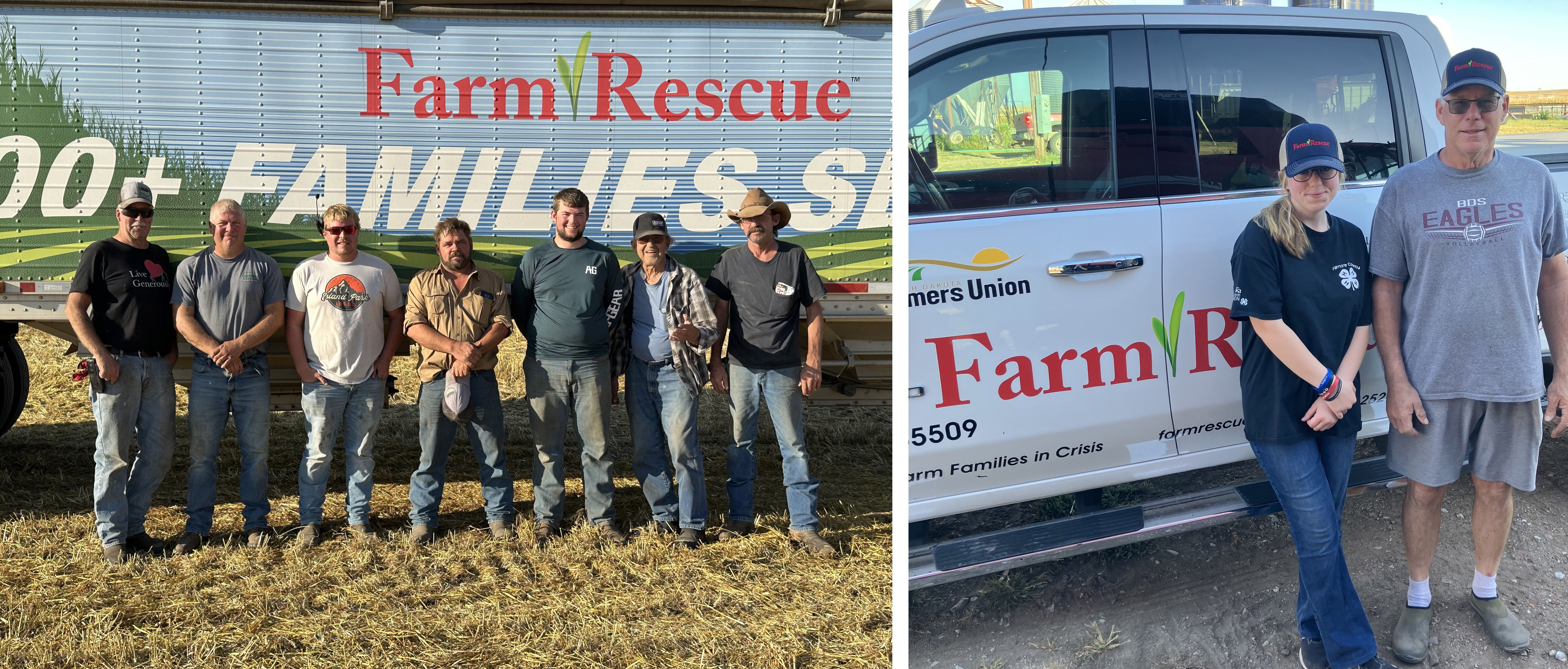 A group of farmers standing in front of a semi hopper bottom trailer with a Farm Rescue picture on the side. A farmer and his daughter standing in front of pickup that has a Farm Rescue sign on the side.