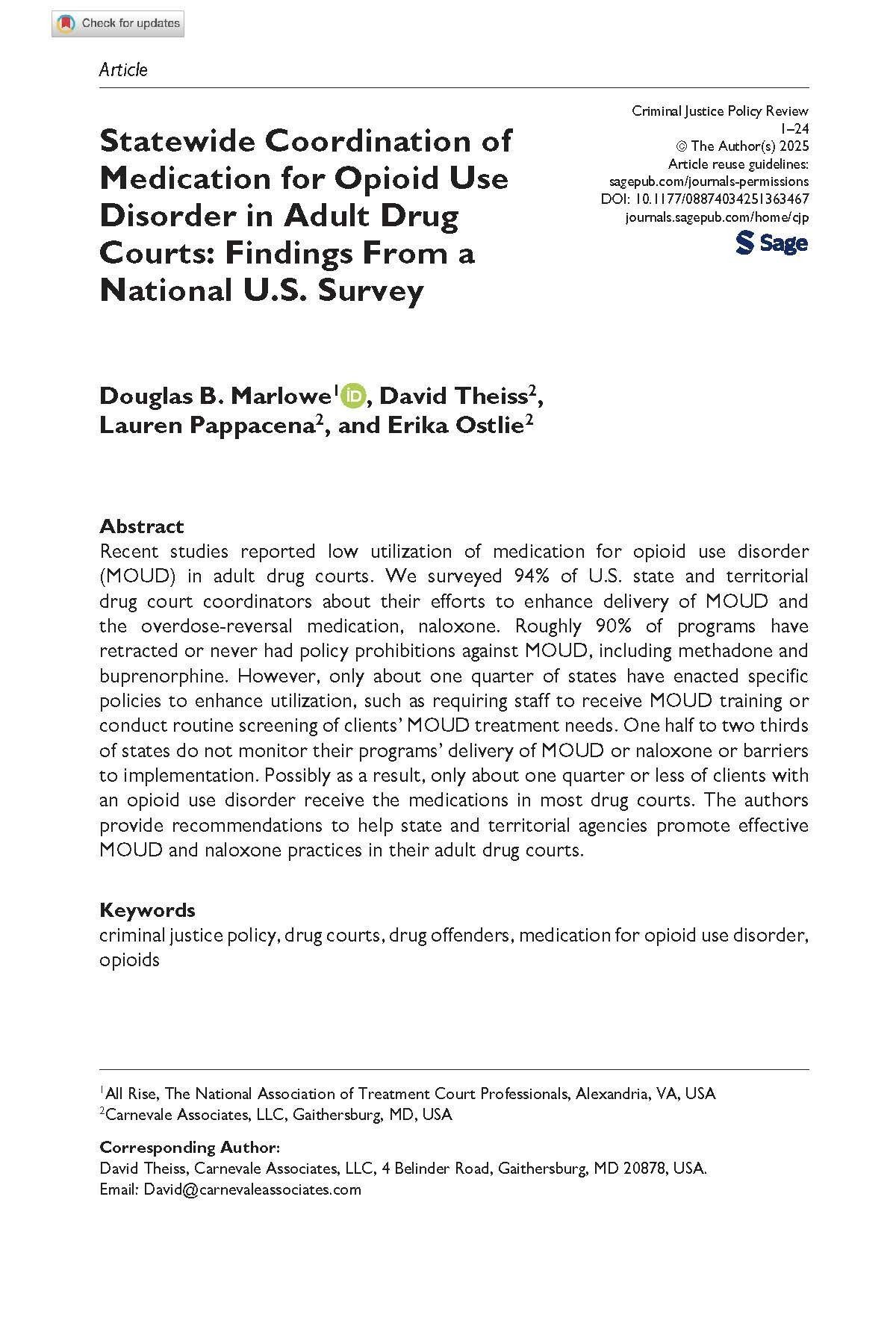 Statewide Coordination of Medications for Opioid Use Disorder in Adult Drug Courts