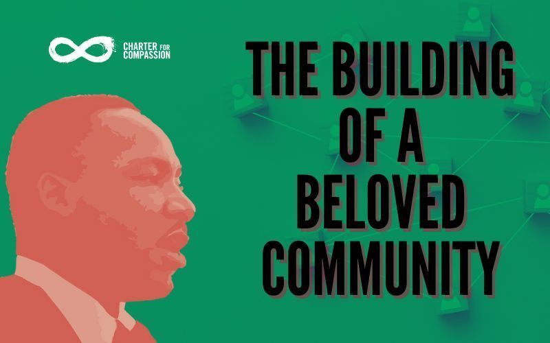 Text reads: Building of a beloved community, with a red Martin Luther King Jr. Silhouette in red in the green background